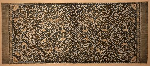 Ceremonial batik Arab cloth with birds and Arabic symbols in ivory on blue