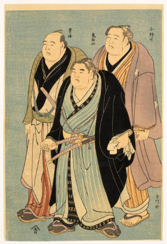 Modern Reproduction of: The Sumo Wrestlers Fudenoumi Kinemon (left), Gimenzan Tanigorö (center), and Onogawa Kisaburö (right)
