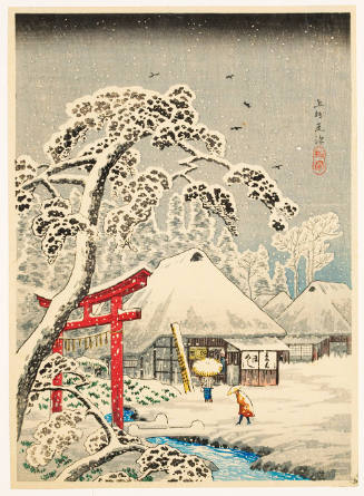 Modern Reproduction of: Snow at Ozawa, Torii Gate and a Cottage