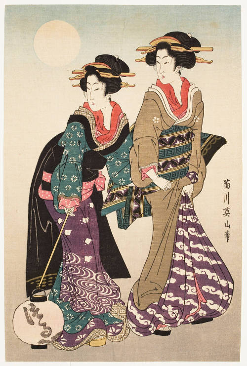 Modern Reproduction of: Two Geisha Waliking in Moonlight