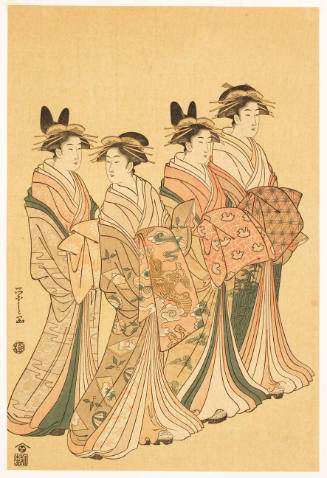 Modern Reproduction of: Courtesans of the Chōjiya, from right: Itsuhata, kamuro Sakura and Kichiji; Senzan, kamuro Isoji and Yasoji; Misayama, kamuro Chidori and Midori; Itotaki, kamuro Metaki and Takano; Oribae, kamuro Hamaji and Hamano