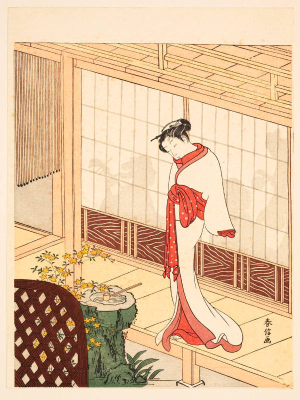Modern Reproduction of: Parody of the "Muken no Kane" Scene in the Play "Hiragana Seisuiki:" Woman Standing on a Veranda outside a Room with a Party