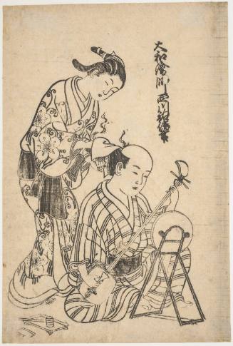 Young Woman Dressing the Hair of a Man Playing Shamisen