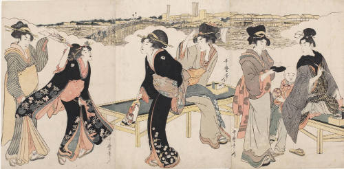 Girls Playing Badminton And Serving Tea To a Samurai and Little Boy Holding Ball (descriptive title)