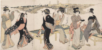 Girls Playing Badminton And Serving Tea To a Samurai and Little Boy Holding Ball (descriptive title)