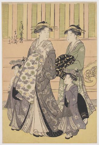 The Courtesan Makanoya of the Matsukaneya Brothel Accompanied by Two Kamuro and an Unidentified Shinzo