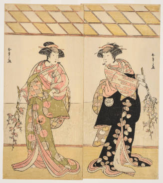 Osagawa Tsuneyo II as the Prostitute of Kanzaki, Naniwa-zu Disguised as the Shirabyöshi Fuyö and Nakamura Rikö I as Kikuchi Hyögo’s Wife Michishio Disguised as Another Shirabyöshi