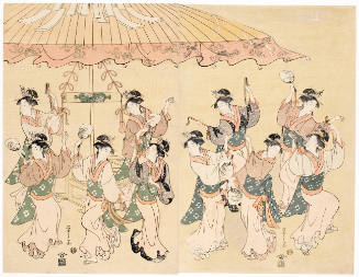 Ten Women dancing under a large umbrella (descriptive title)