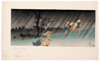 Palinquin Bearers and Other Travelers Ascending a Hill on a Rainy Night