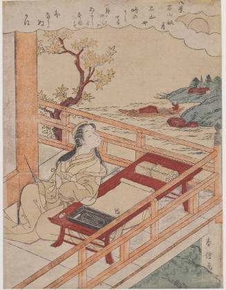 Poetess Murasaki Shikibu at Ishiyama Temple in Otsu (shore of Lake Biwa)