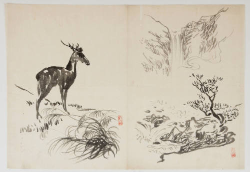Sketches: Deer on Hill, and Waterfall