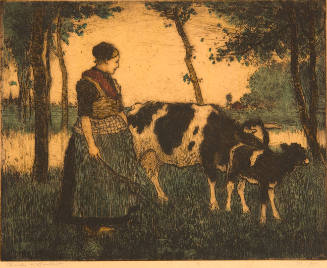 Dutch Woman Driving Cow and Calf