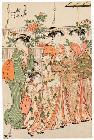 The Courtesan Hinazuru of the Chōjiya Brothel, Her Kamuro Kochō and Tsuruki
