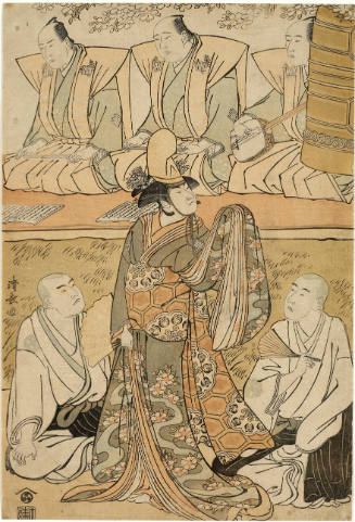 Edokanoko Musume Dōjōji:Nakamura Nakazō I as the Shirabyōshi Katsuragi, Matsumoto Kōshirō IV as Meigetsubō and ōtani Hiroji III as Izayoibō