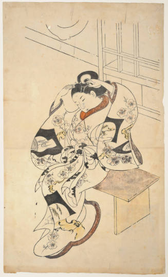 courtesan seated on bench fixing her hair