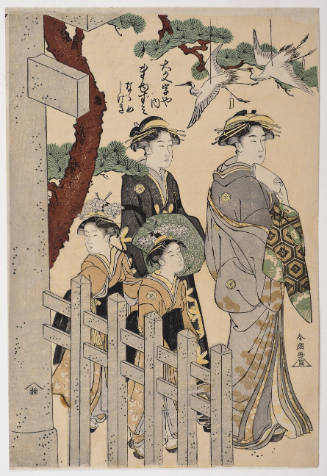 The Courtesan Mayuzumi of the Daimonjiya Brothel, Accompanied by her Kamuro Naname and Shigeki as well as an Unidentified Shinzö, Visiting a Shinto Shrine