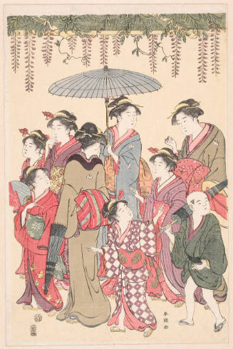 Procession of Students Offering a Votive Tablet to a Shrine under a Wisteria Trellis