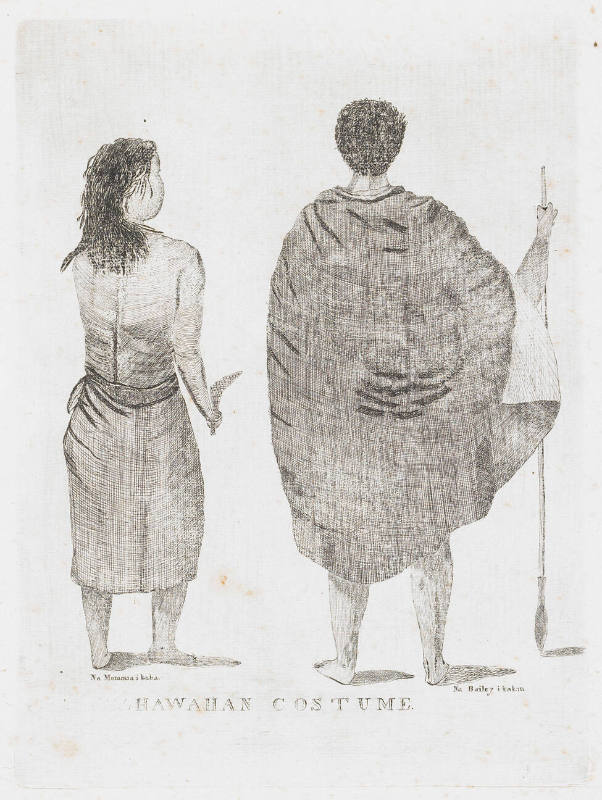 An image depicting maka‘āinana (common people) of Hawai‘i. The female wears a pa‘u (skirt) and …