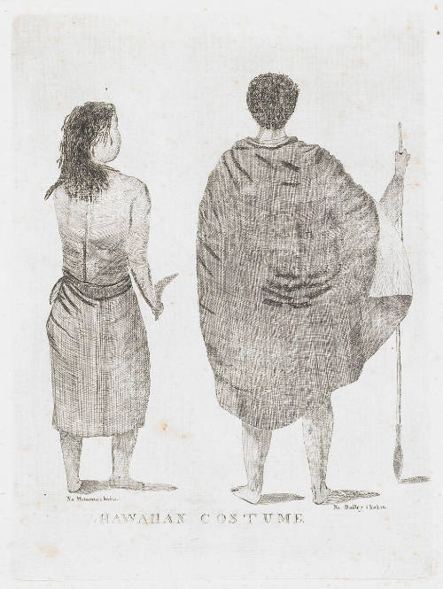 An image depicting maka‘āinana (common people) of Hawai‘i. The female wears a pa‘u (skirt) and …