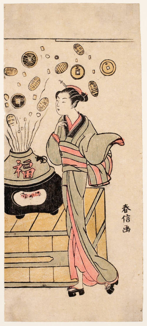 Woman Watching Money Fly out of a Brazier (descriptive title)