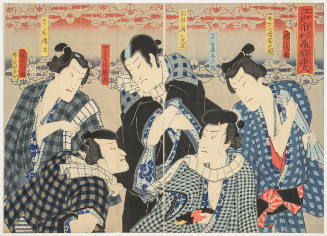 Dashing and Popular Roles of Ichimura of Edo (Edo Ichimura hiiki no dateire): Actor Ichimura Kakitsu IV as Benten Kozö Kikunosuke, Kirare Yosaburö (R), Inga Kozö Rokunosuke, Igami no Gonta, and Ushiwaka Denji (L)