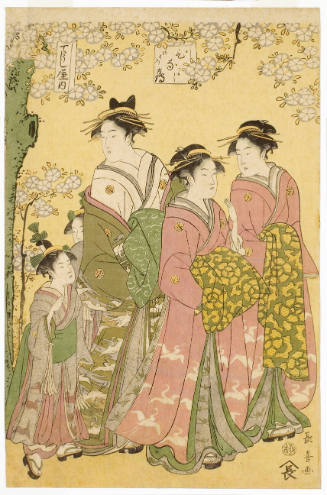 The Courtesan Hinazuru of the Chöjiya Brothel with her Kamuro Tsuruji and Tsuruno and Two Unidentified Shinzö