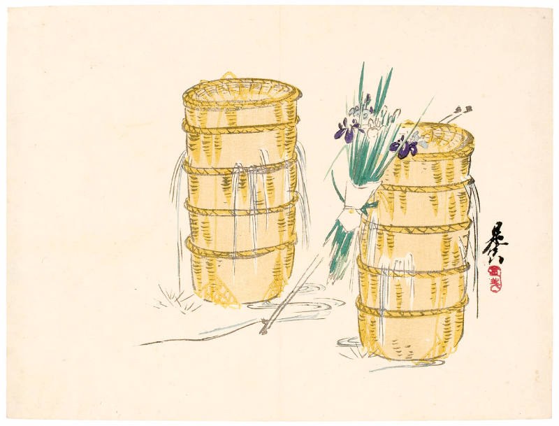 Two Stacks of Bamboo Baskets and a Spray of Blue Iris