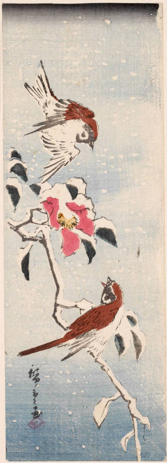 Two Sparrows and Camellia in Snow  (Descriptive Title)