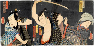 Iwai Kumesaburō as Oyone (R), Kawarasaki GonJūrō as Tateba no Taheiji (C), and Nakamura Shikan as Ninsoku Magoshichi (L)