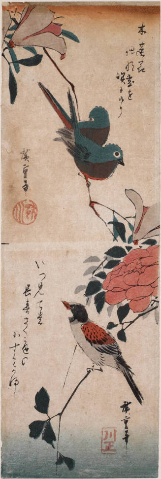 Upper print: Two Sparrows on a Magnolia; Lower print: Thrush on a Rose