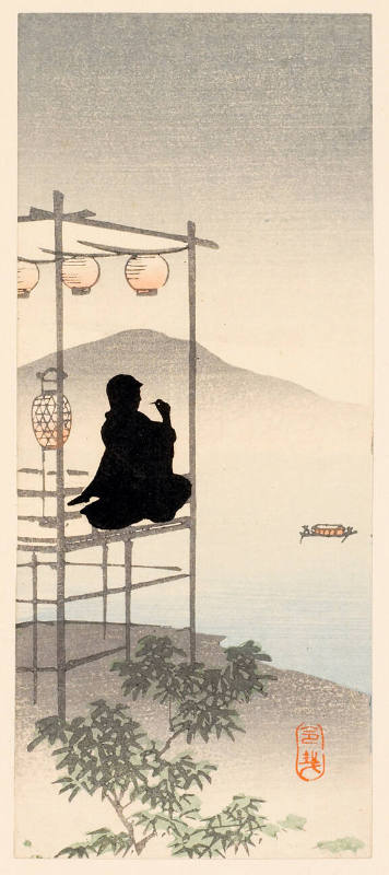 Silhouette of a man seated on a platform enjoying the scenery (descriptive title)