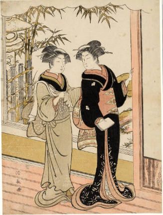 A geishi and a maid talking on a veranda