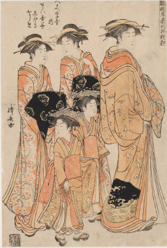 The Courtesans Maizumi of the Daimonjiya Brothel Accompanied by Two Unidentified Shinzo and her Kamuro Shigeki and Naname