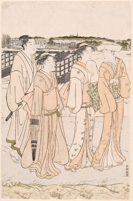 A Lady with Two Maid Servants and a Man Walking on the River Bank  (descriptive title)