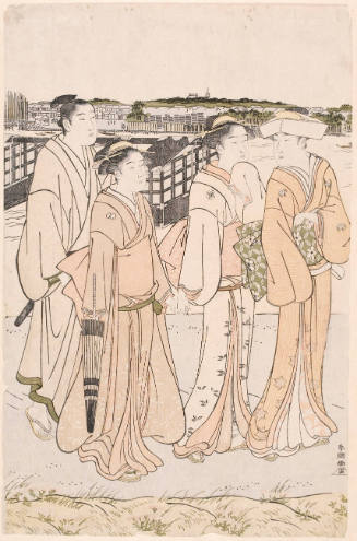 A Lady with Two Maid Servants and a Man Walking on the River Bank  (descriptive title)