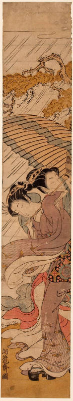 Two Women with Umbrella Caught in a Rainstorm