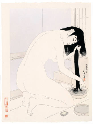 Woman Kneeling in the Bath and Combing Her Hair