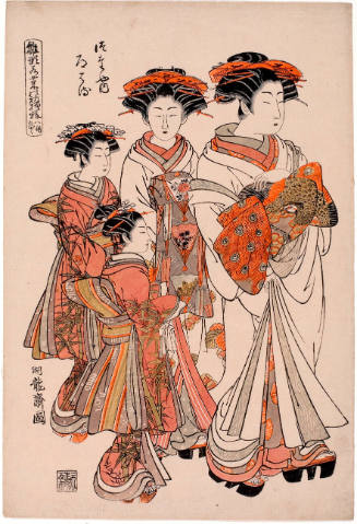 Courtesan Michiharu of the Tsutaya Brothel with Attendants