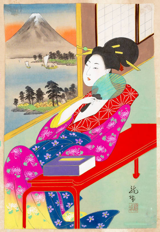 Courtesan at her Writing Desk Gazing at Mount Fuji