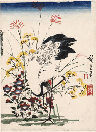 Manchurian Crane and Platycodon (wildflowers) - (Descriptive Title)