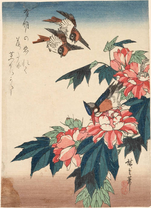 Sparrows, Kingfisher and Peony