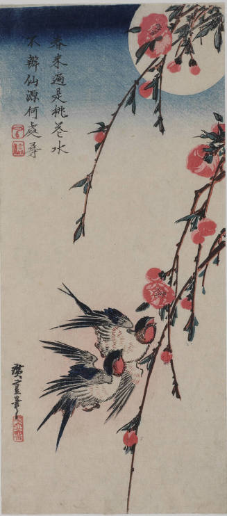 Swallows and Peach Flowers under a Full Moon