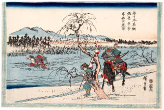 Kajiwara Genda Kagesuye stopping to tighten his horse’s girth, and so allowing Sasake Takatsuna to get across the Uji river first in 1184 (from the Tale of Heike: Japanese story)