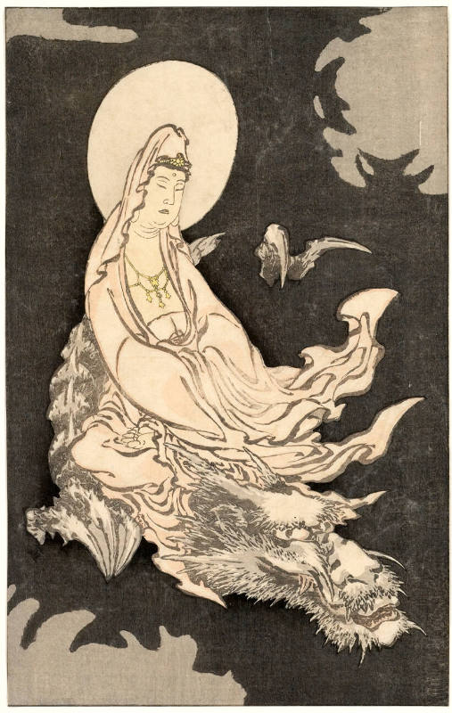 A white robed Kannon appears in this illustration, seated on a dragon with the moon shining behind her. 