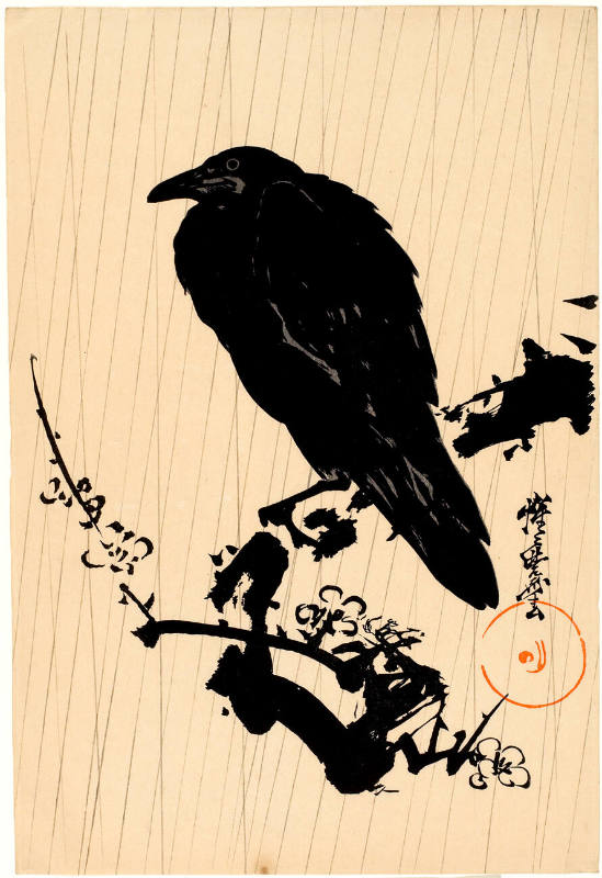 Crow on Plum Branch in the Rain (Descriptive Title)