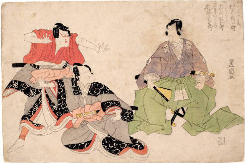Bandö Mitsugorö III as Soga Jürö Sukenari, Ichikawa Danjürö VII as Soga Gorö Tokimune, and Matsumoto Köshirö V as Kudözaemon Suketsune
