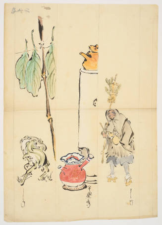 Sketches on Tanzaku Poem Cards: Wrestling Frogs, Teapot, and Man in Winter Clothes
