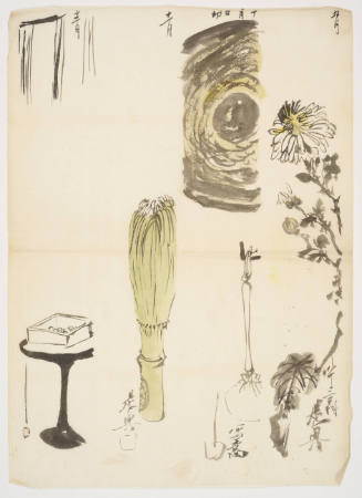 Sketches on Tanzaku Poem Cards: Soybeans in Rice Measure, Tea Whisk, Moon and Pouch, and Flower
