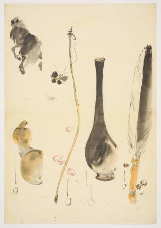Sketches for Tanzaku Poem Cards: Horse and Gourd of Daoist Immortal Chokwaro, Stick with Butterfly, Vase, and Feather