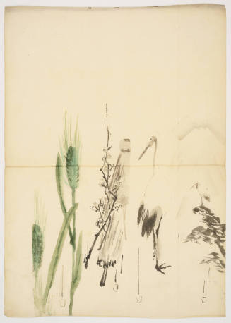 Sketches for Tanzaku Poem Cards: Rice Plants, Umbrella, Crane, and Crane on Top of Tree
